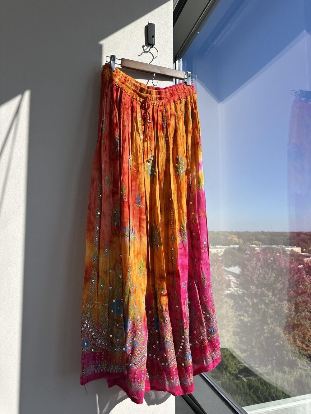 Boho Gypsy Sequin Multicolor Tie Dye Crinkle Broomstick Festival Maxi Skirt